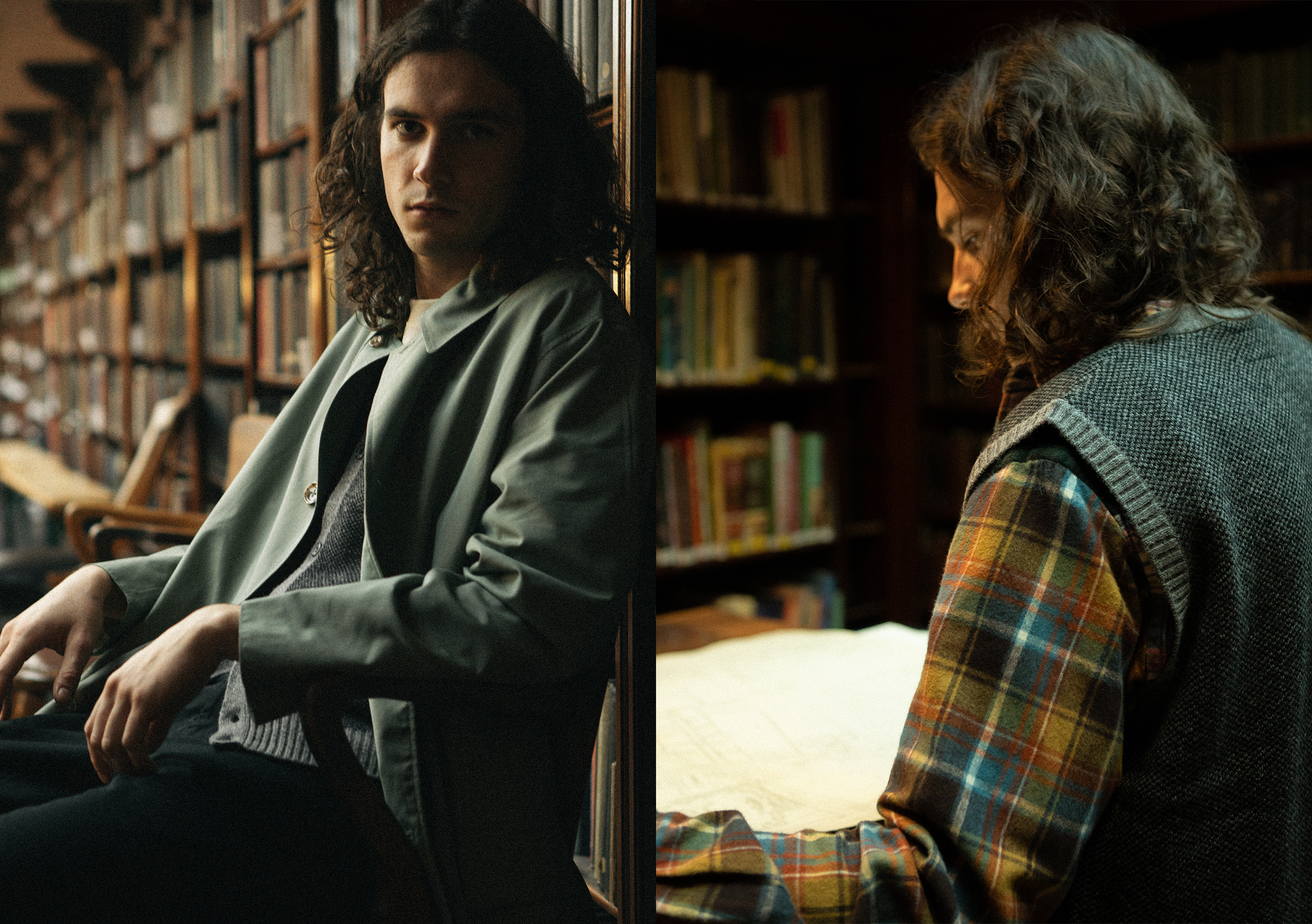 beams plus AW20 travel coat and shaggy shirt editorial at Leeds library