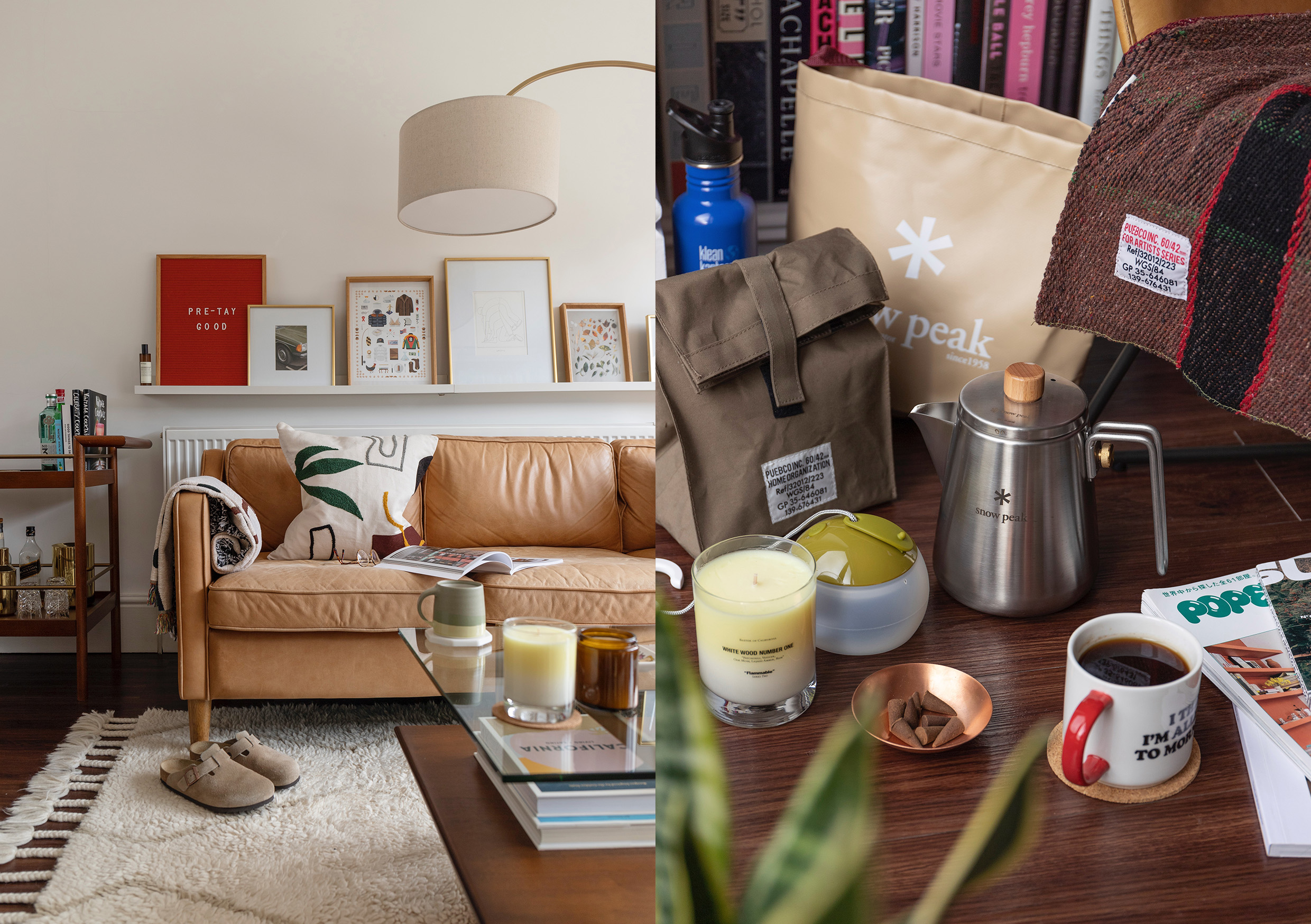 HIP Living - Living Room - Ferm Living cushion on couch - Kinto - Birkenstock Bostons - Laboratory Pefumes Candle - Snow Peak Bag -Peanuts Mug - Puebco throw